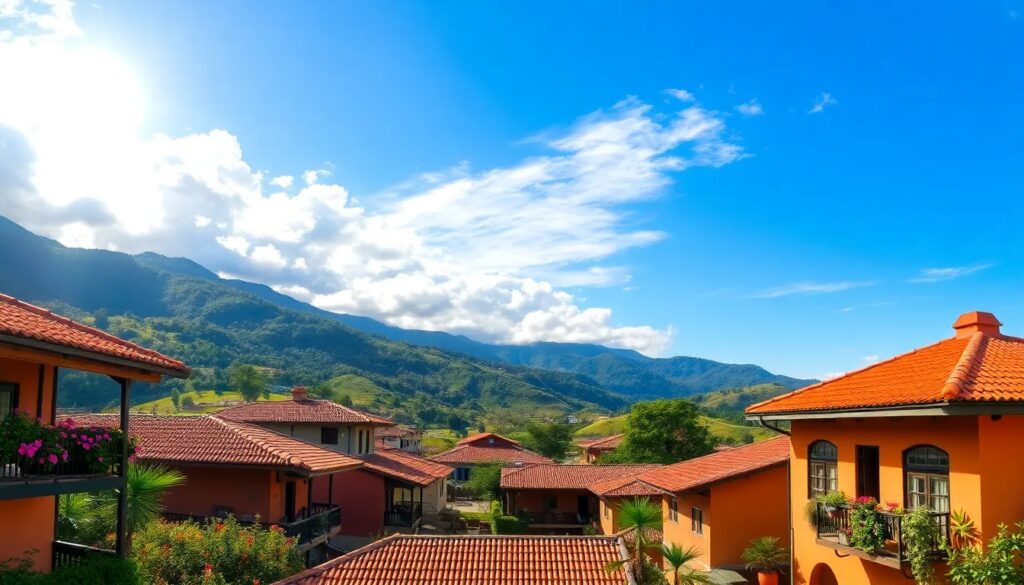 Casas con techos rojos y montañas al fondo